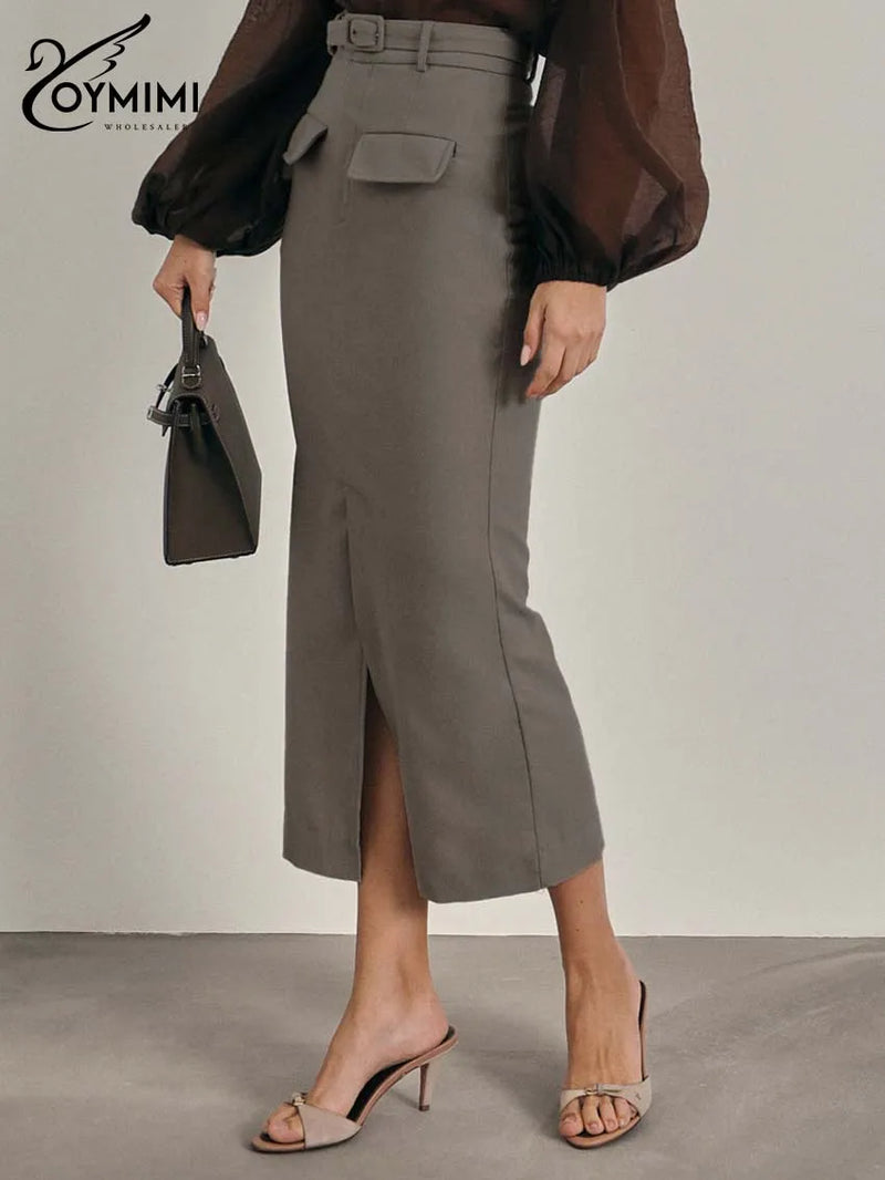 Elegant High Waisted Zipper Casual Pocket Straight Mid-Calf Skirt