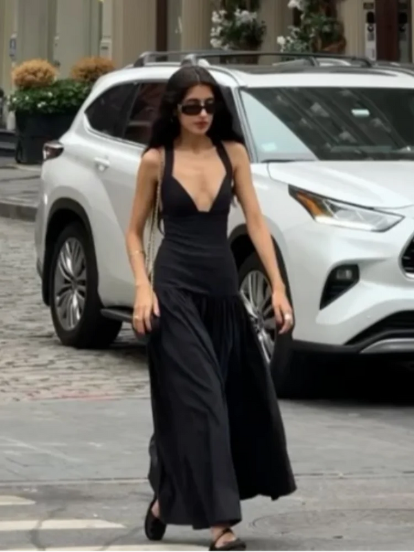Black V-neck Sleeveless Backless  Elegant Satin Dress