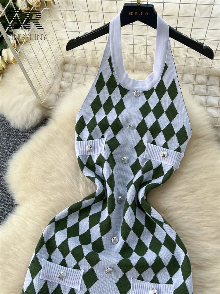 SINGREINY Argyle Split Knitted Dress