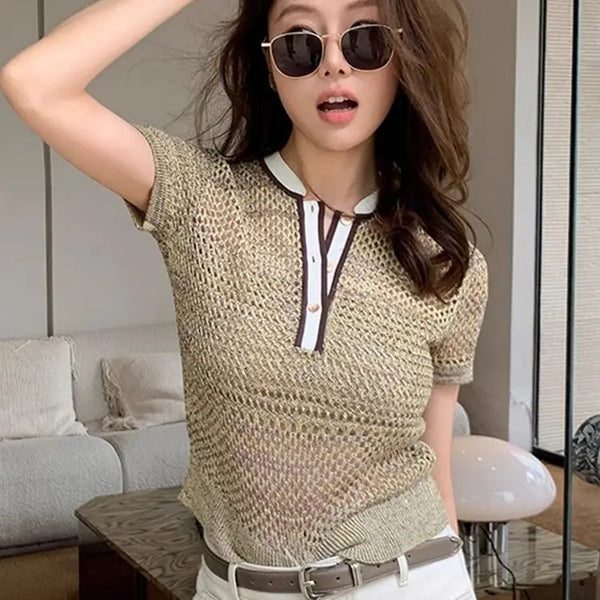 Vintage Hollow Out Short Sleeve Loose Casual Tops