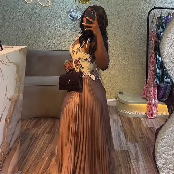 Set Floral Print Waist-cinching Vest +Pleated Long Skirts