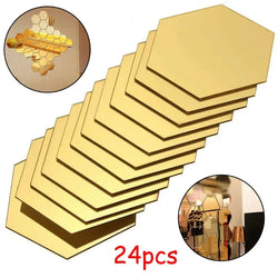 24pcs Hexagon Mirror Gold Self Adhesive Mosaic Tiles Wall Sticker