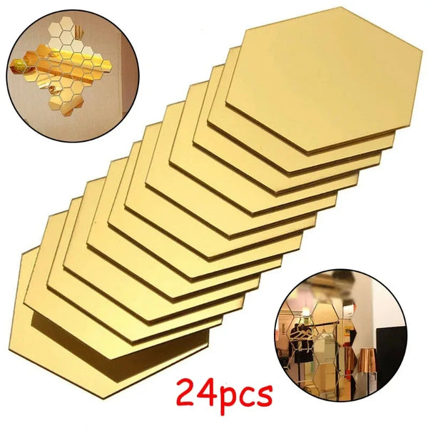 24pcs Hexagon Mirror Gold Self Adhesive Mosaic Tiles Wall Sticker