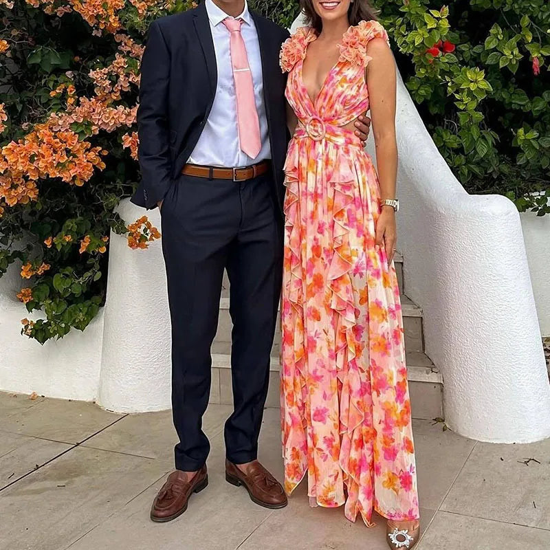Elegant Floral Shoulder Deep V-neck Long Waist Ruffle Dress