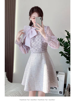 Elegant Bubble Long Sleeve Stand Collar Embroidery A-Line Dress