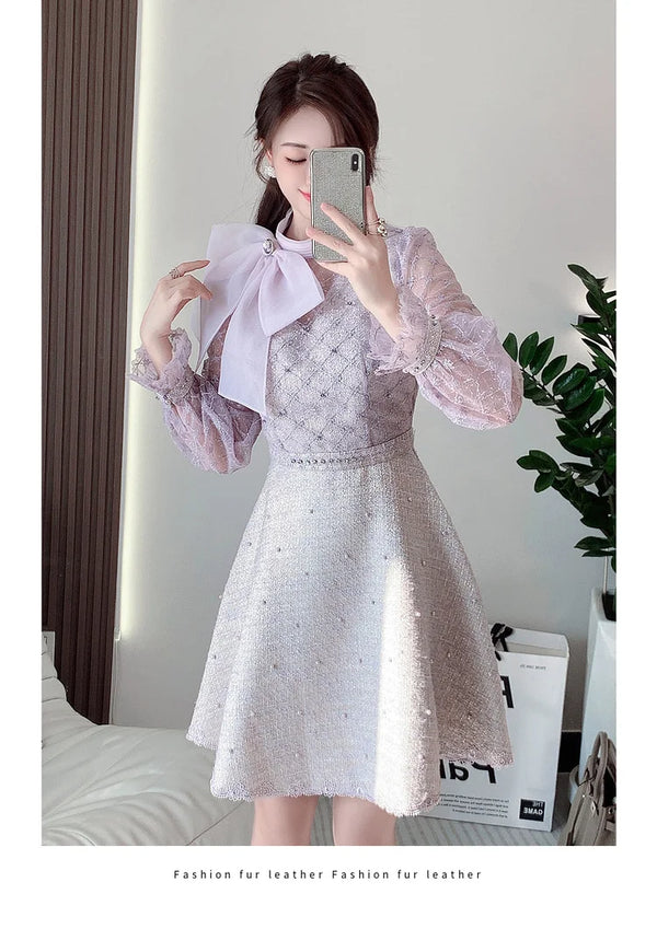 Elegant Bubble Long Sleeve Stand Collar Embroidery A-Line Dress