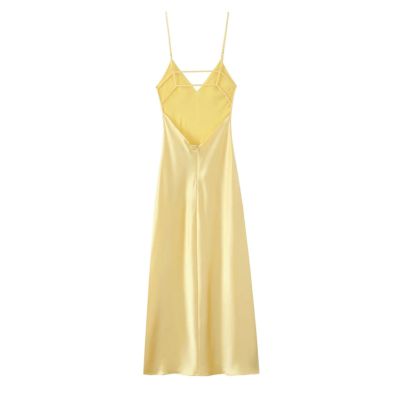 V-Neck Yellow Sexy Backless Casual Slim Stain Sling Long Dress