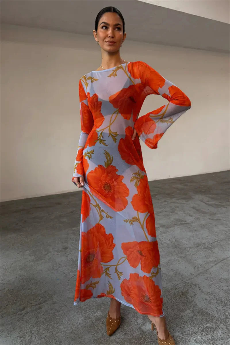 Elegant O Neck Fashion Long Sleeve Slim Patchwork Long Dress