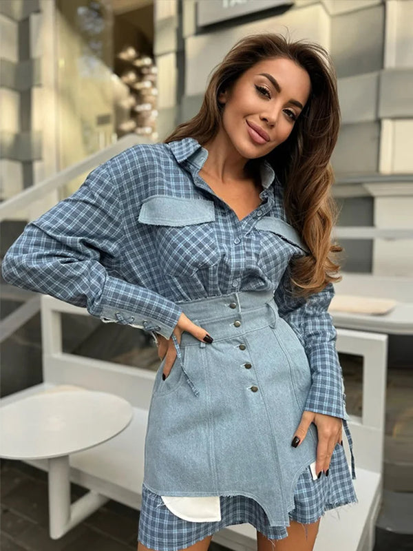 Blocked Shirt Waist Cinching Irregular Hem Short Skirt