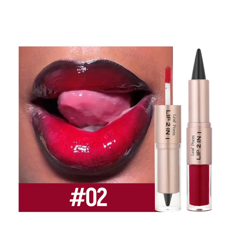 2 IN 1 Nude Brown Pink Mirror Lip Gloss Contour Pencil Matte Lipliner