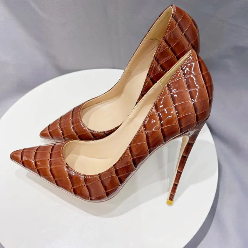 Tikicup Brown Crocodile Effect Pointy Toe High Heel