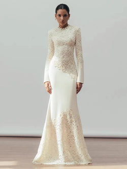 O-neck Long Sleeve Lace Hollow Out Slim Elegant Dress