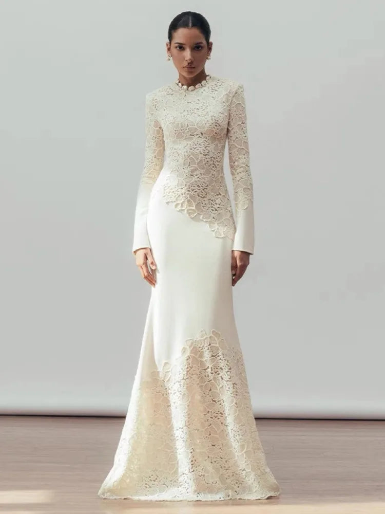 O-neck Long Sleeve Lace Hollow Out Slim Elegant Dress