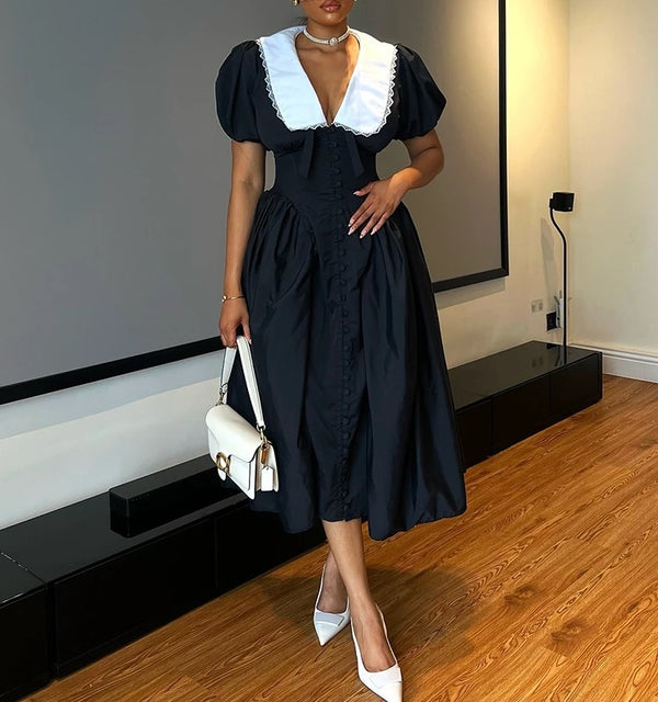 Vintage Sexy V-Neck Collar Puff Sleeve Mini Dress with Button
