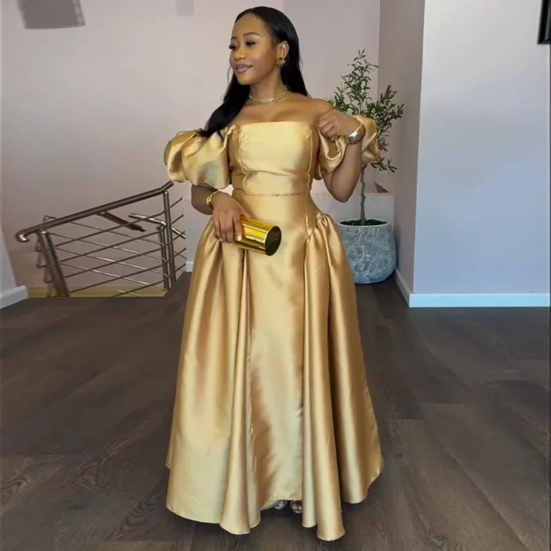 Elegant Bubble Sleeve Square Collar High Waist A- Line Long Dress
