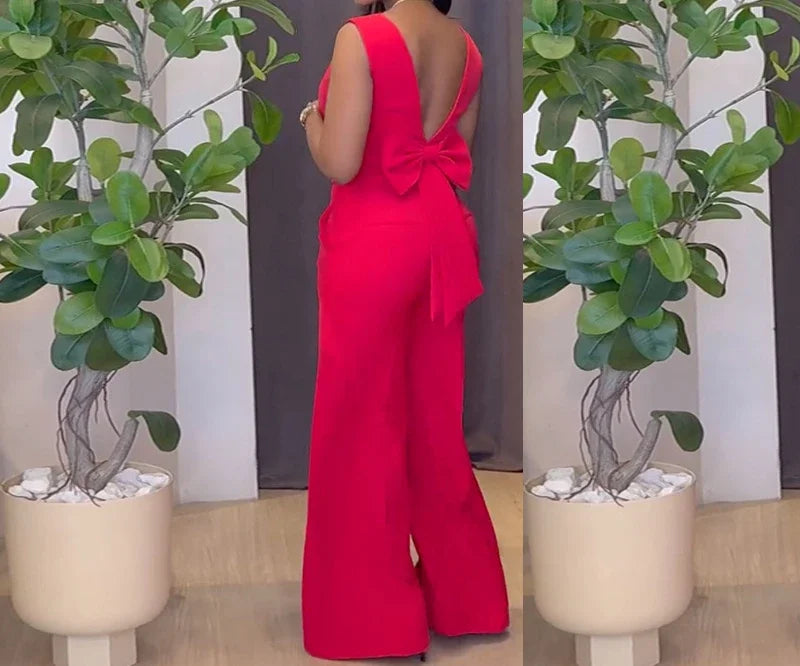 V-Neck Backless Bow Tops & High Waist Casual Pocket Wide Leg Pants
