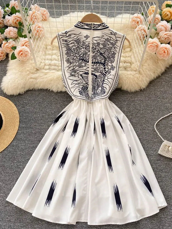 Sleeveless Collar Floral Embroidery High Waist Zipper Dress