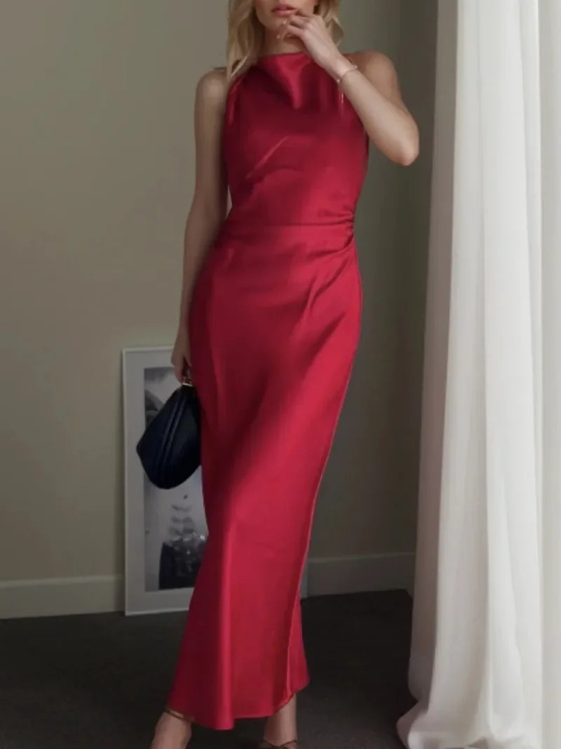 Sleeveless Temperament Silk Midi Long Dress