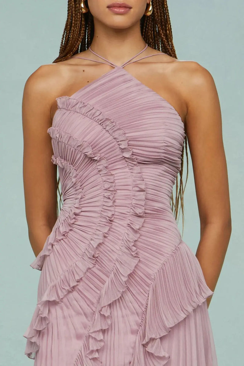 Elegant Neck Strap Ruffles A Line Lace Up Backless Dress