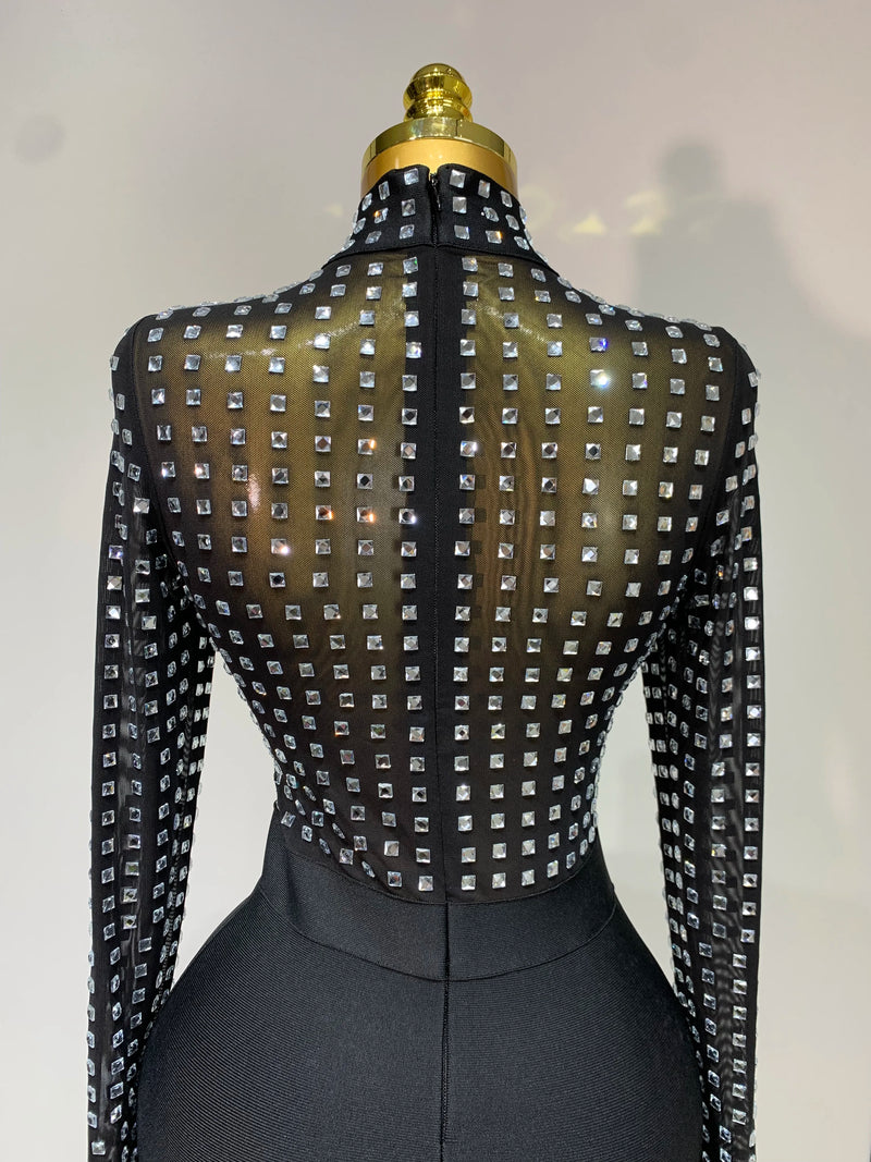 Elegant Turtleneck Rhinestones Black Mesh Bodycon Bandage Dress
