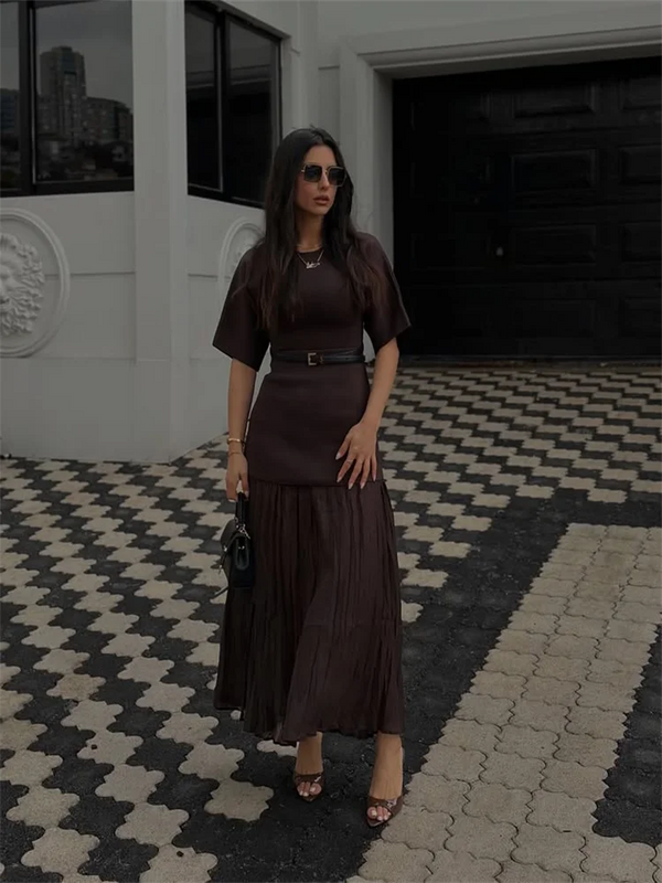 Pleated Elegant O-neck Half Sleeve Maxi Dress