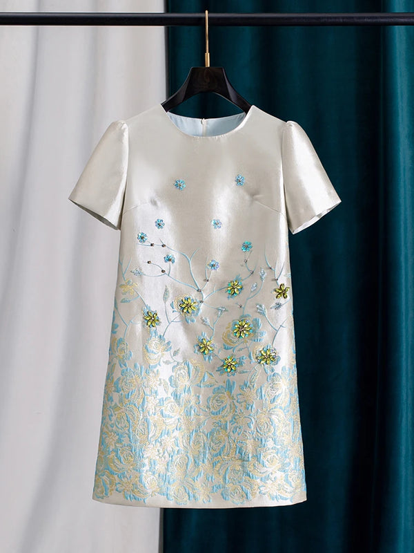 Beaded Rhinestone Puff Short Sleeve H-Line Short Pencil Dress