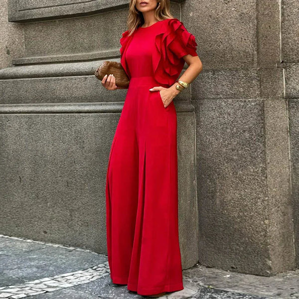 Elegant Red Romper Short Sleeves Wide Leg