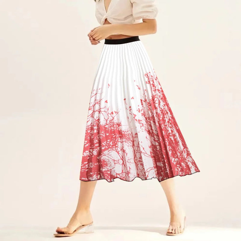 Printed elastic mid length A-line pressed pleated skirt