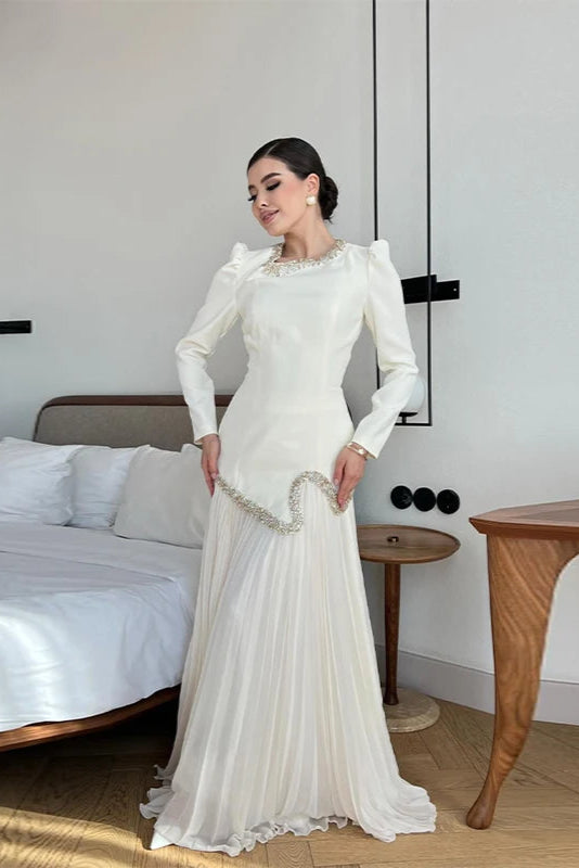 Elegant Rhinestone Long O-neck Full Sleeve Pleated Dress