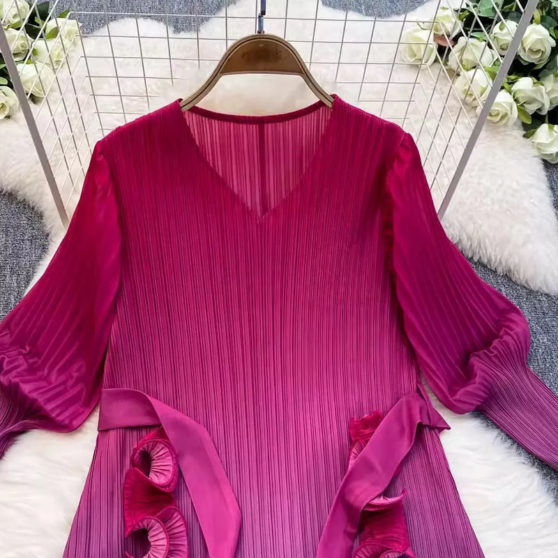 Ruffles Splice Gradient Color Pleated Dresses