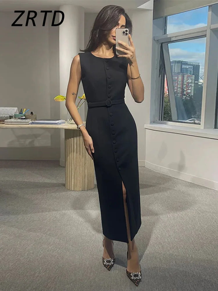 Elegant Single-breasted Belt Long Dress