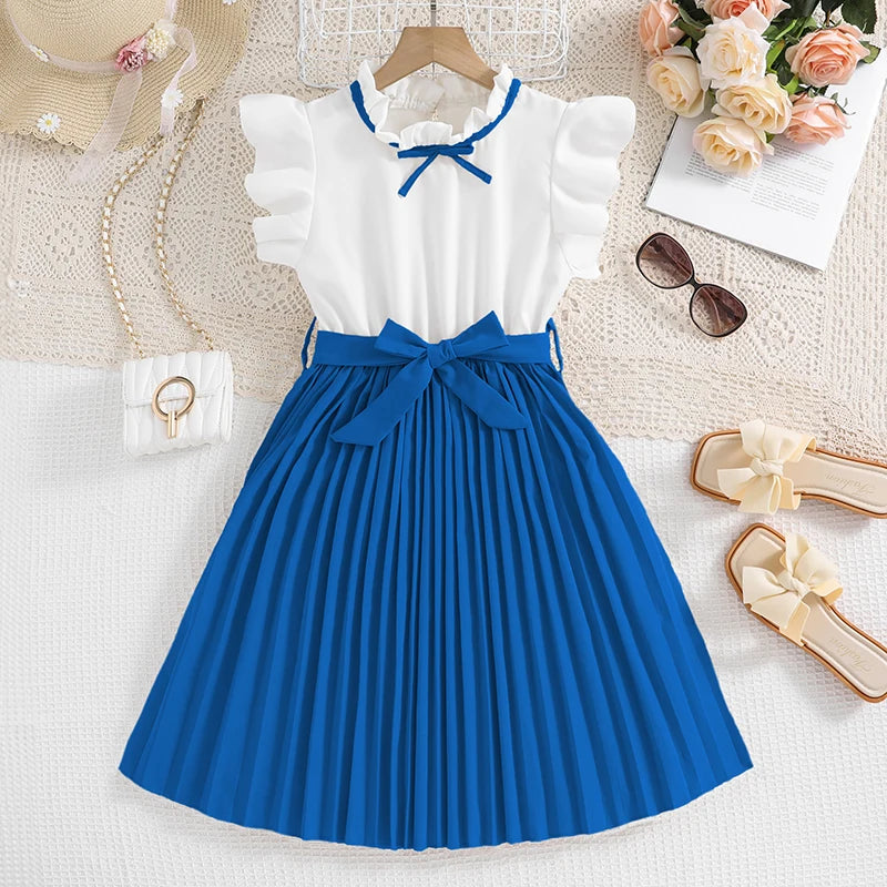 Elegant White Petal Sleeves Pleated Khaki Skirt &Bow tie Preppy