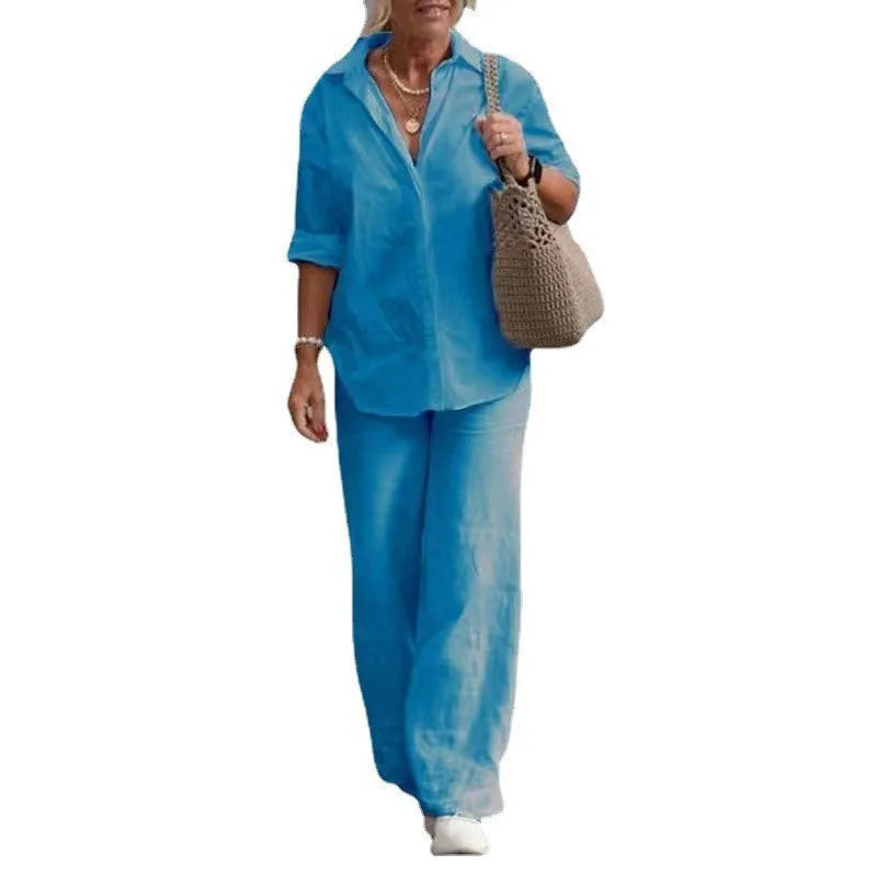 Cotton Linen Long Sleeve Blouse Shirts & High Elastic Wide Leg Trousers Suits