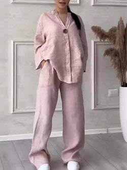 Cotton Linen Long Sleeve Button Loose Blouse Shirt & High Elastic Wide Leg Loose Pant