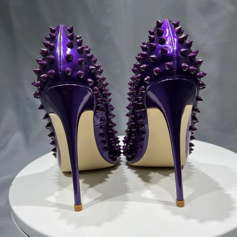 Purple Spikes Rivets Pointed Toe High Heels