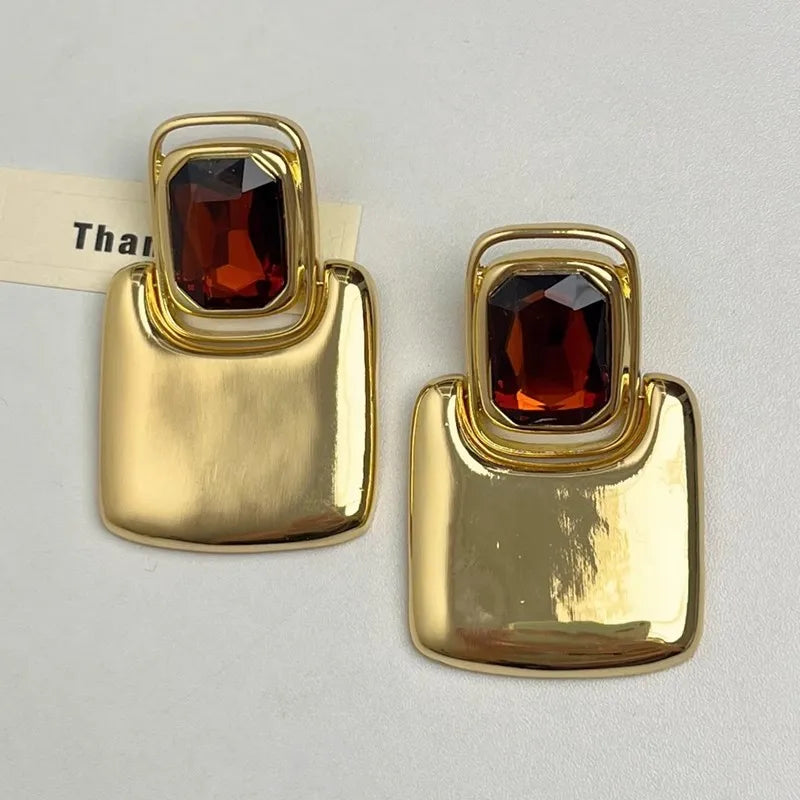 Vintage Metal Square Geometric Crystal Large Earrings