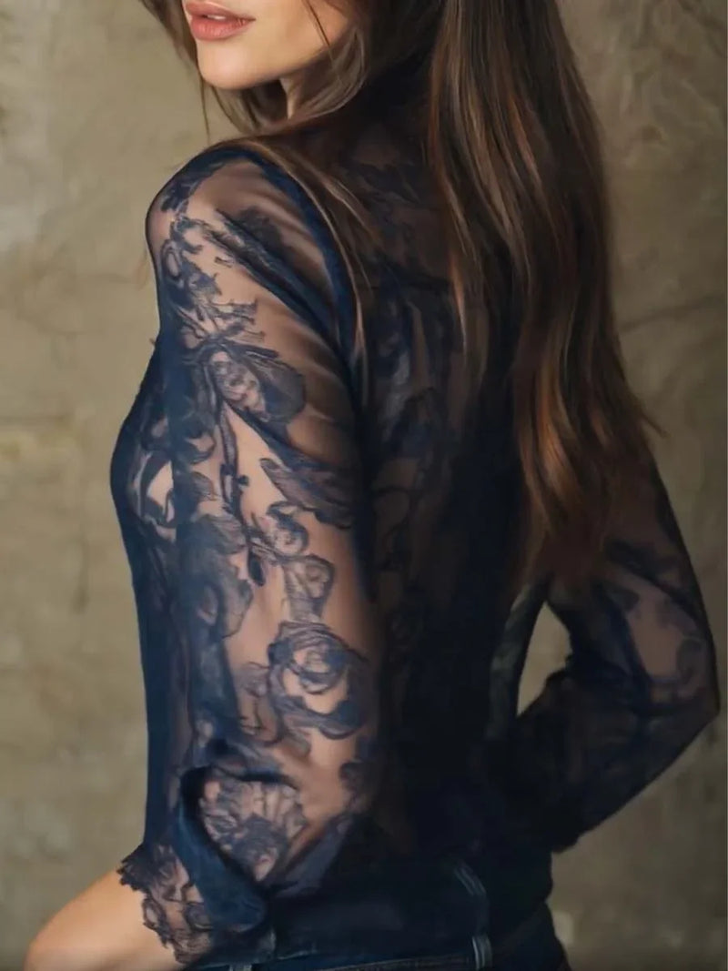 Elegant Paisley Print Lace Trim Long Sleeve Sheer Tops