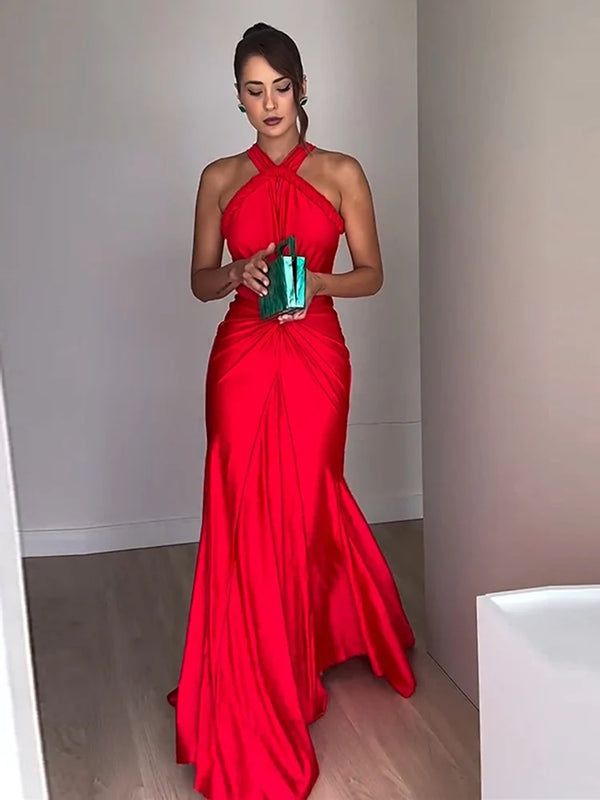 Asymmetrical Straps Maxi Red Sleeveless Backless Dress