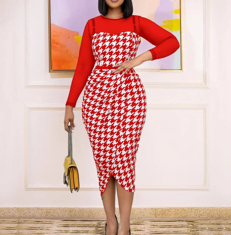 Spliced Long Sleeve Slim Fit Wrap Hip Split Elegant Dress