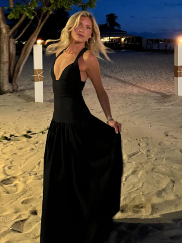 Black V-neck Sleeveless Backless  Elegant Satin Dress