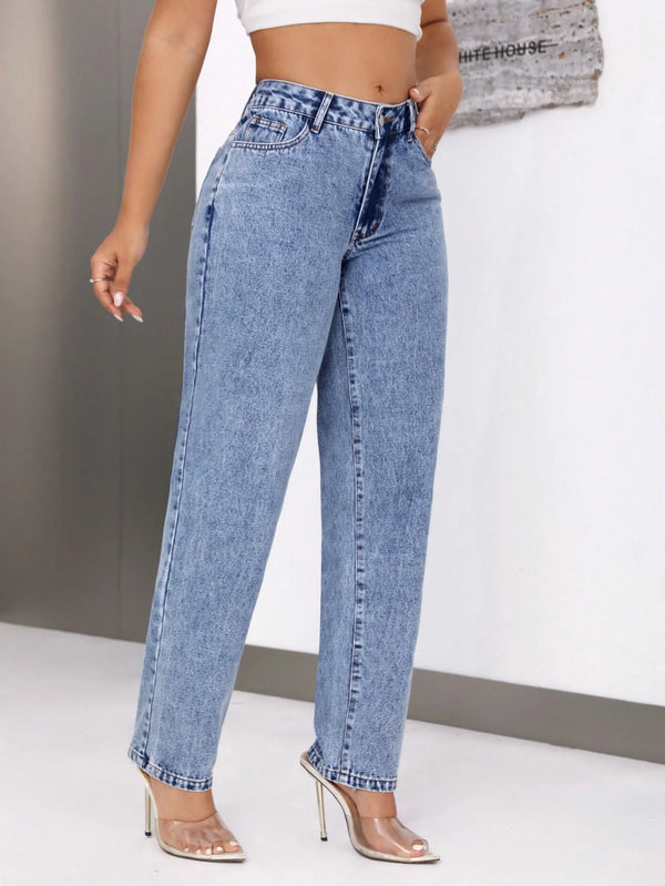 Straight High Waist Ankle Length Denim Vintage Washed Jean Loose Fit Pockets