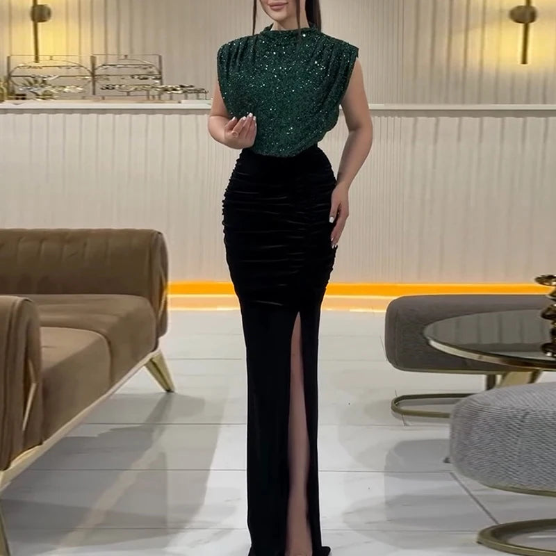 Sequins Stitching O Neck High Slit Long Dress