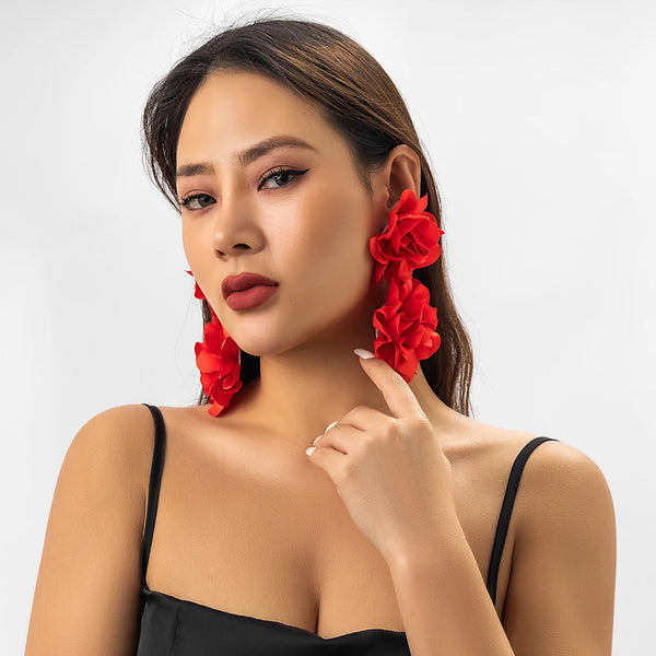 Salircon Bohemian Red Big Flower Drop Earrings Vintage