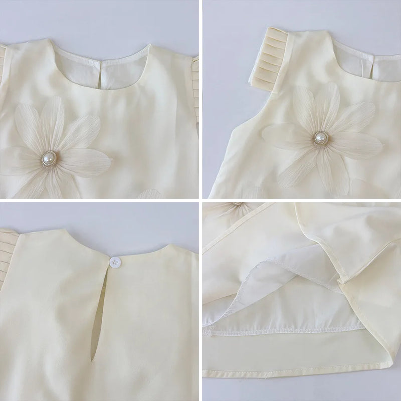 2-7 Year Old Girl Princess Beige Flower Tank Top Dress