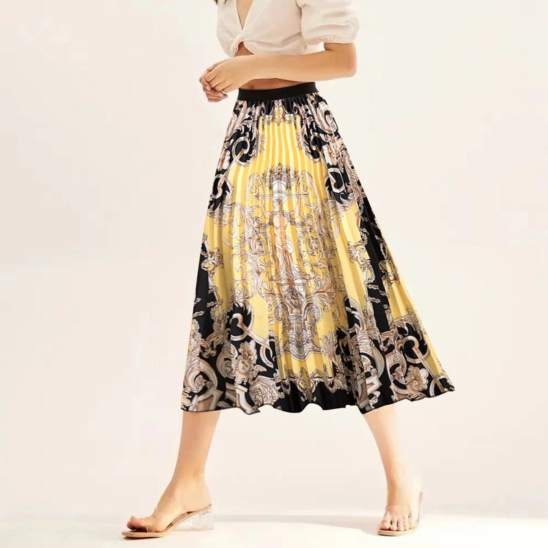 Printed elastic mid length A-line pressed pleated skirt