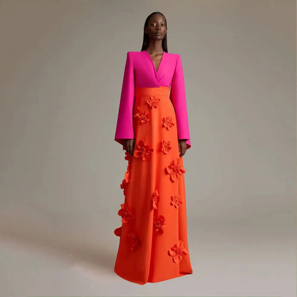 A-Line V Neckline Long Sleeves With Floor Length Dress