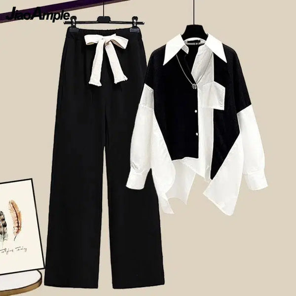 Splicing Shirt+Elastic Waist Wide Leg Pants Two Piece