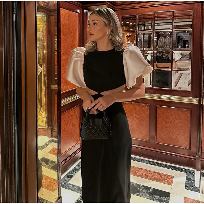 Elegant Puff Sleeve Hollow Out Waist Dress