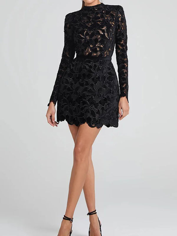Hollow Out Mini Long Sleeve O Neck Dress