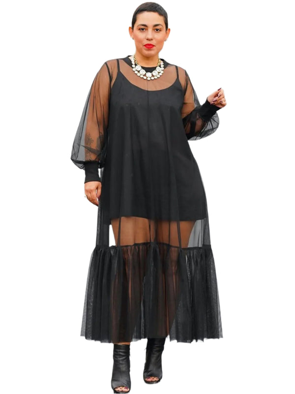 Black Mesh Ruffles Hem Long Sleeve Dress
